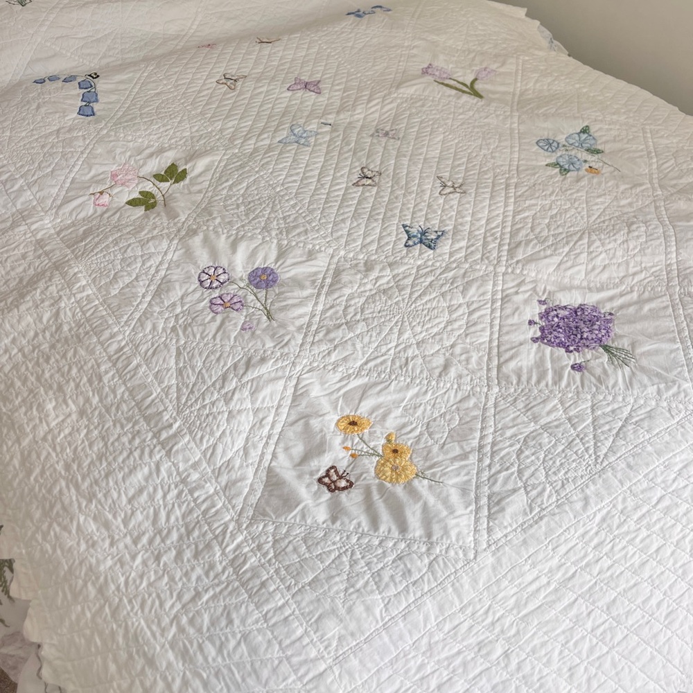 Vintage Embroidered Tattered Botanical Patchwork Quilted Blanket Cotton 1950s